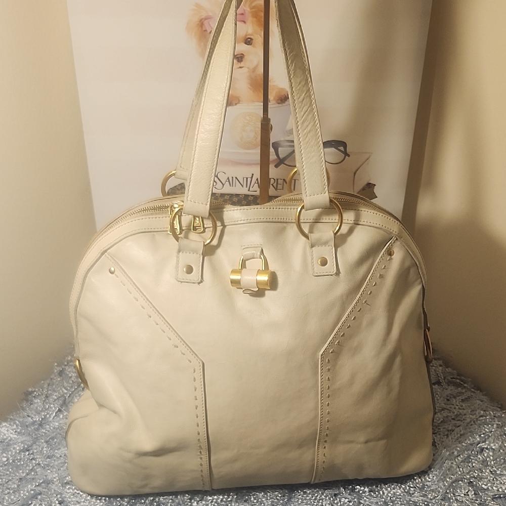 Yves Saint Laurent Off-White Shoulder Bag with Gold Accents